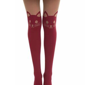 Hot Topic Cat Face Faux Thigh High Tights Lightweight Sheer Burgundy Size S/M